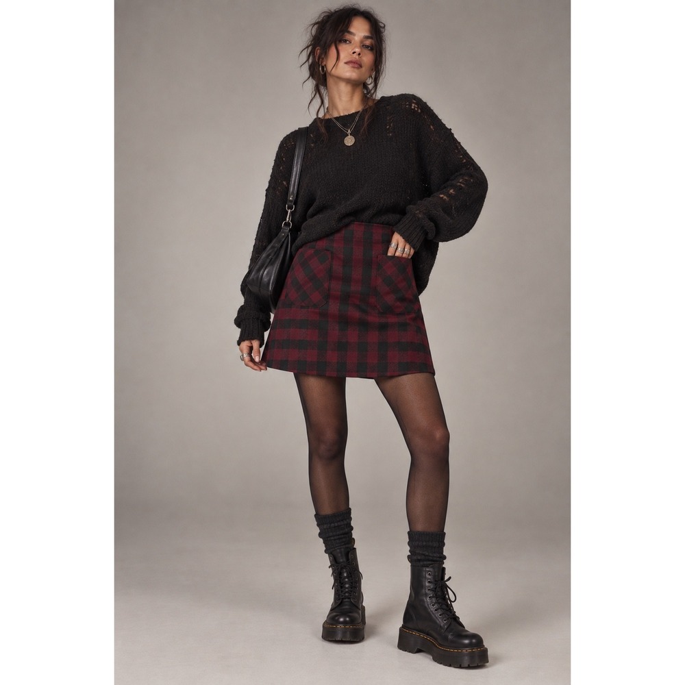 J Jill Burgundy Black Buffalo Plaid Mini Skirt XL 90s Grunge Dark Academia